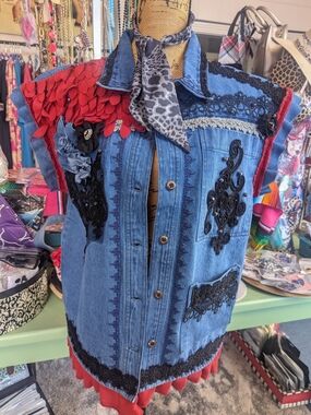 Embellished Denim Vest with Red Petal Detail
